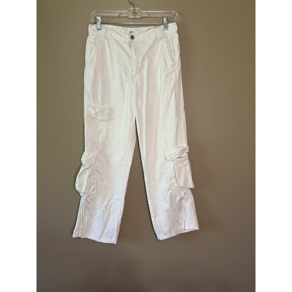 Zara Womens White Cargo Pants Straight Leg Utility Pockets Size 4